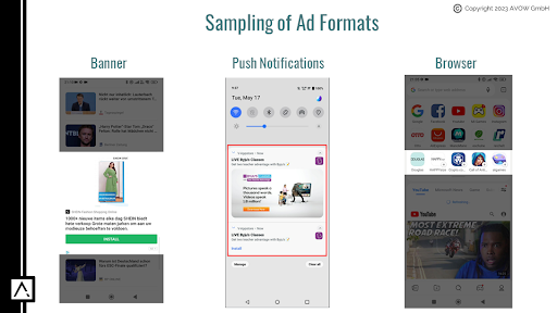 Sample of Ad Formats - Banners, Push Notifications, AVOW