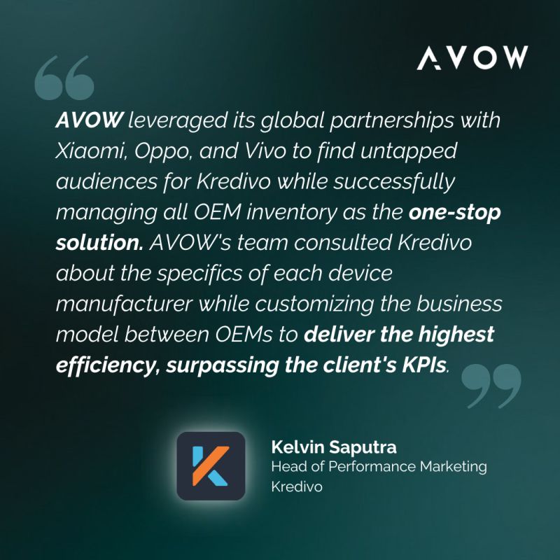 Quote from Kelvin Saputra, Co-Head of Performance Marketing at Kredivo regarding their successful partnership with AVOW