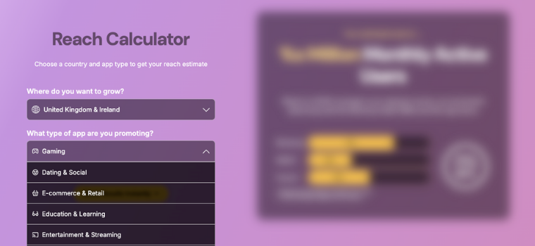 Step 1 of the AVOW android OEM reach calculator showing a user selecting a country to estimate app reach.