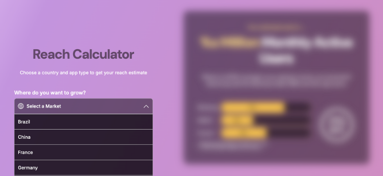 Step 1 of the AVOW android OEM reach calculator showing a user selecting a country to estimate app reach.