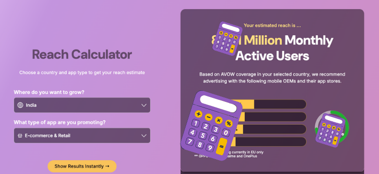 Step 3 of the AVOW android OEM reach calculator showing instant app user reach results based on selected inputs.