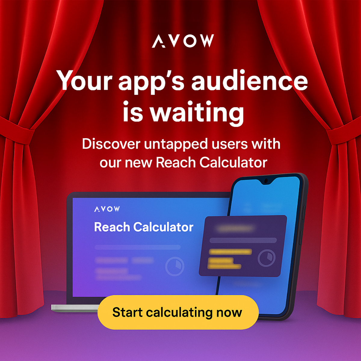AVOW android OEM reach calculator displayed on mobile and desktop devices, promoting app user reach planning for global markets.